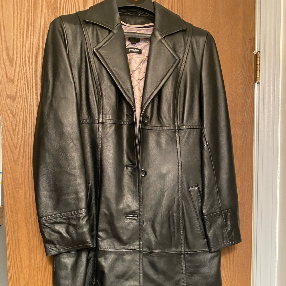Wilson’s Leather knee length black leather coat